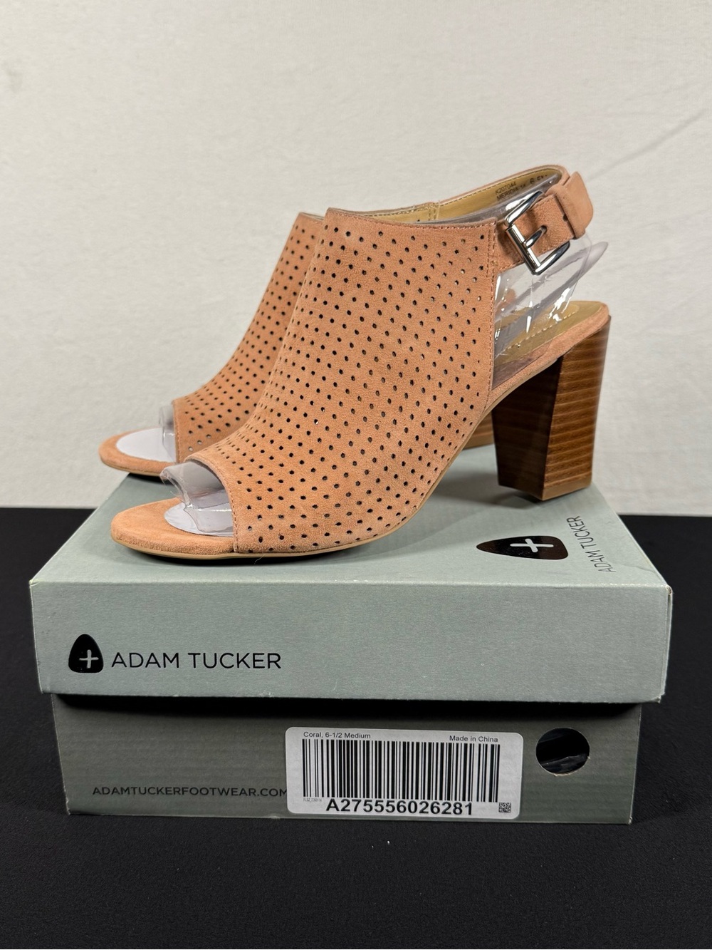 Adam Tucker Me Too Meridia Perforated Coral Suede Peep Toe Sandals NIB Size 6.5